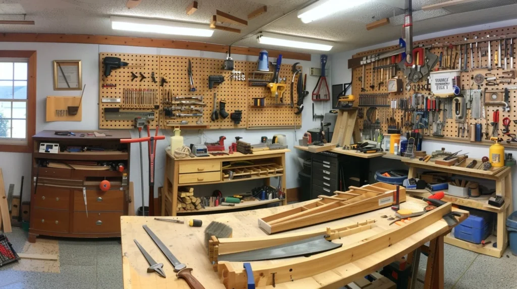 A rustic shed workshop with tools hung on pegboards, showing an organized layout in action.