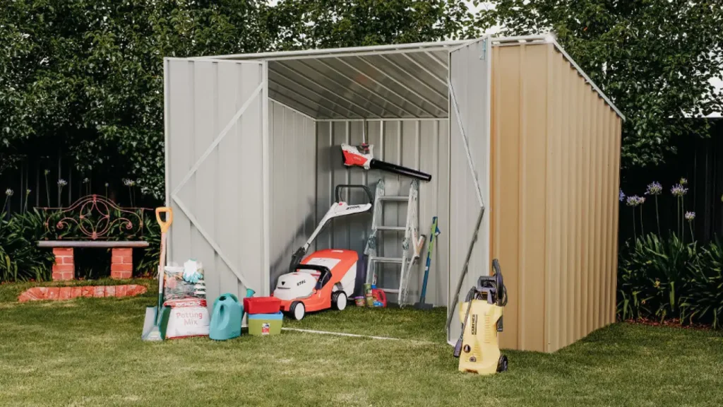 DIY shed maintenance (tools, ladder, paint cans)