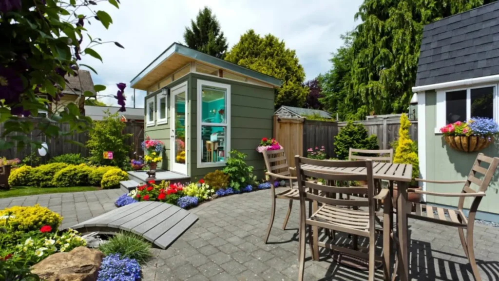 modern backyard scene with a sleek steel shed adding style and utility to a Queensland home