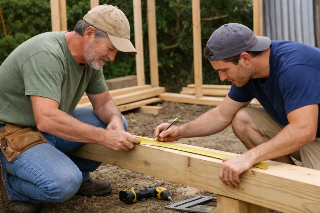 two people measuring wood for a backyard shed