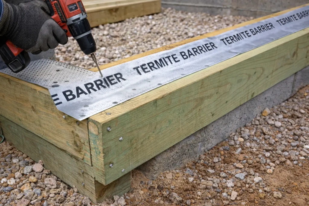 termite barrier or treated timber being installed in a foundation