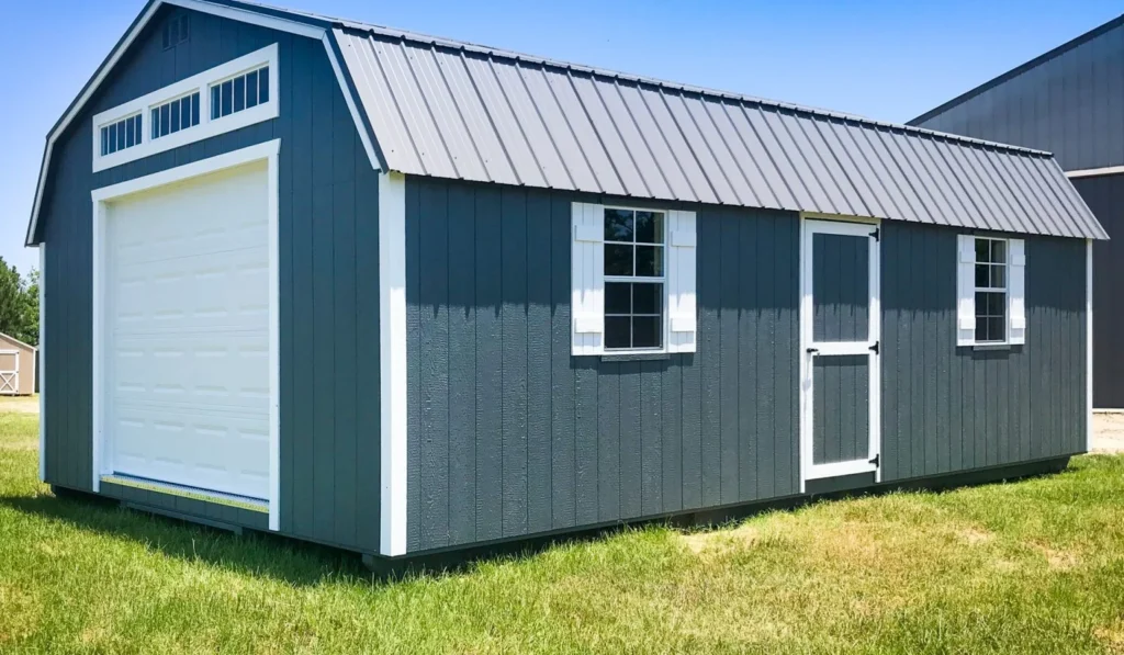 A photo of a mid-size steel shed in a suburban yard