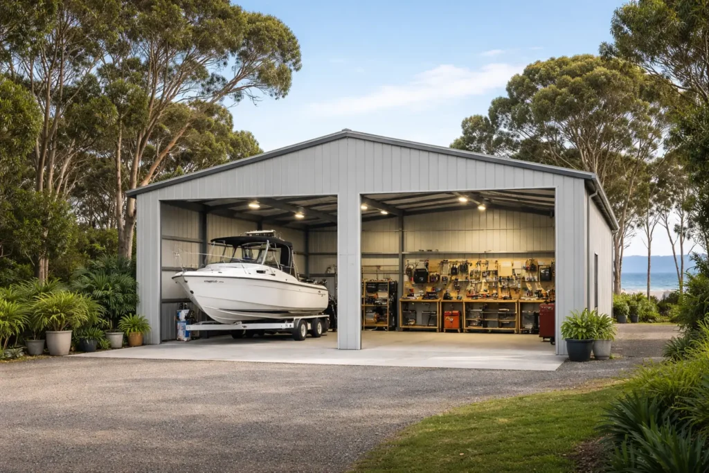 hangar-style shed with a boat and a workshop bay